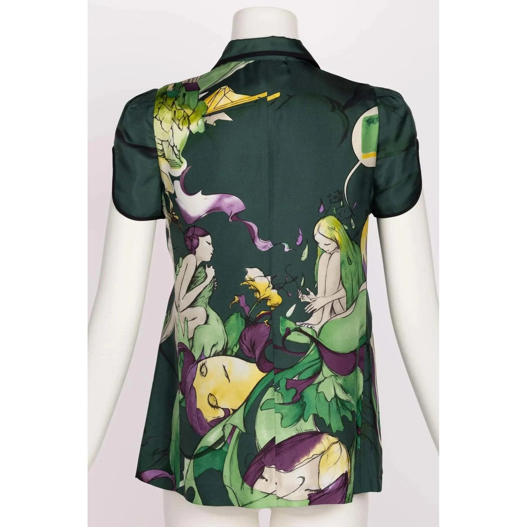 PRADA FAIRY JAMES JEAN 2008 Runway Green Print Silk Top | Size S/M