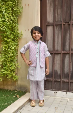 Pre Order: Lilac Printed Nehru Jacket with Kurta and Pant