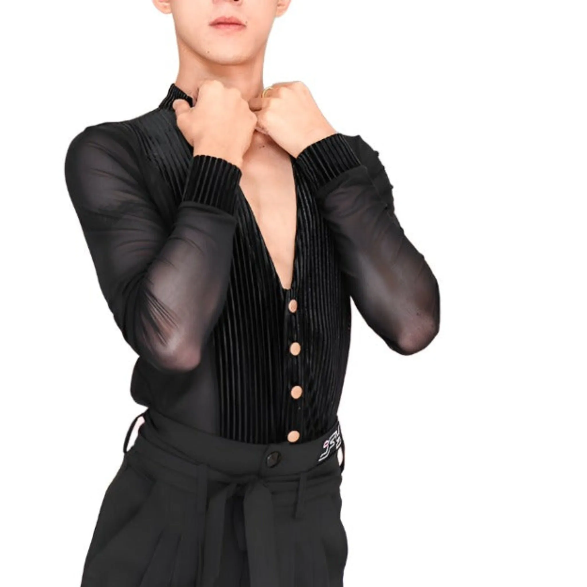 Refined Latin Dance Shirt with Four Buttons | White / Black | BY349