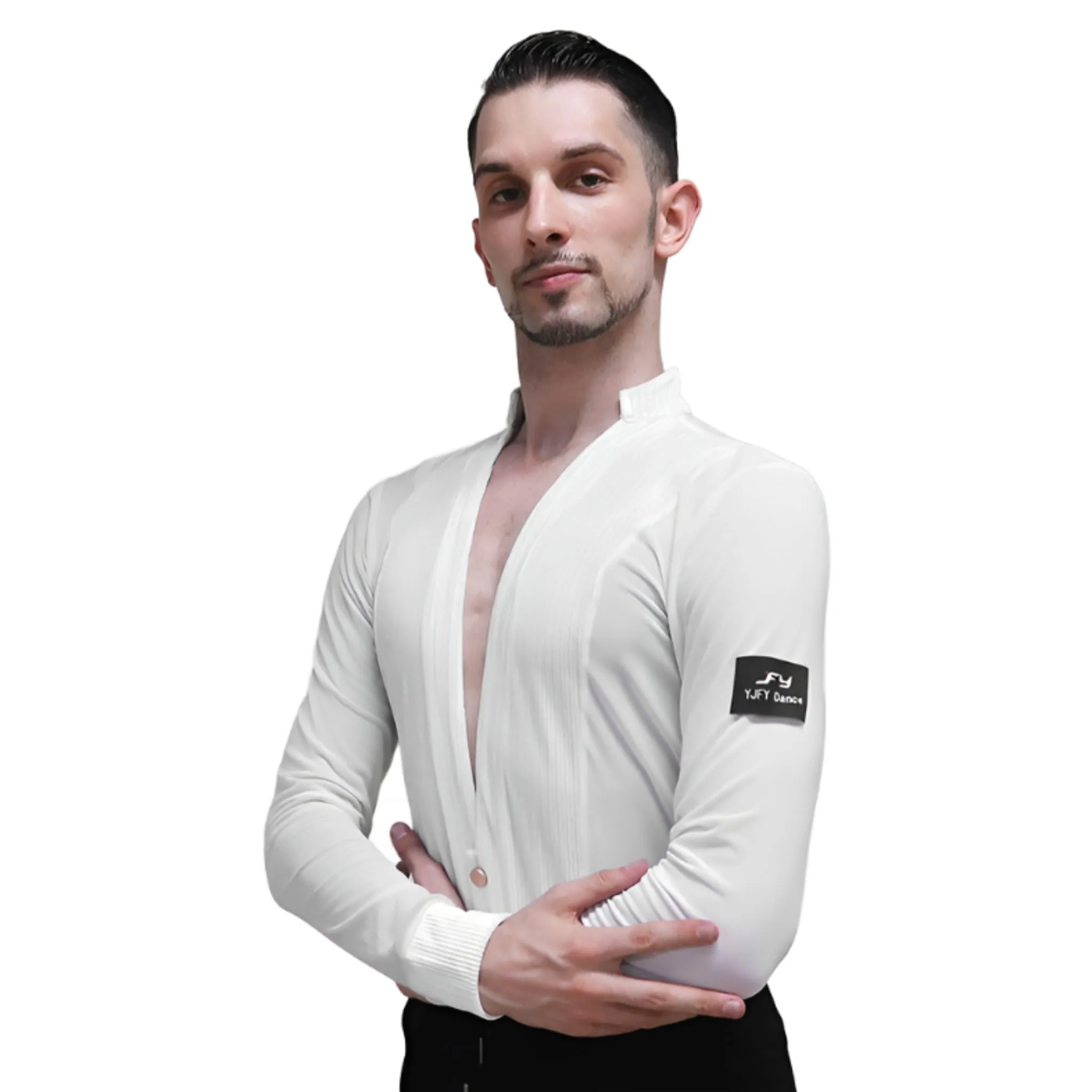 Refined Latin Dance Shirt with Two Buttons | White / Black | BY349