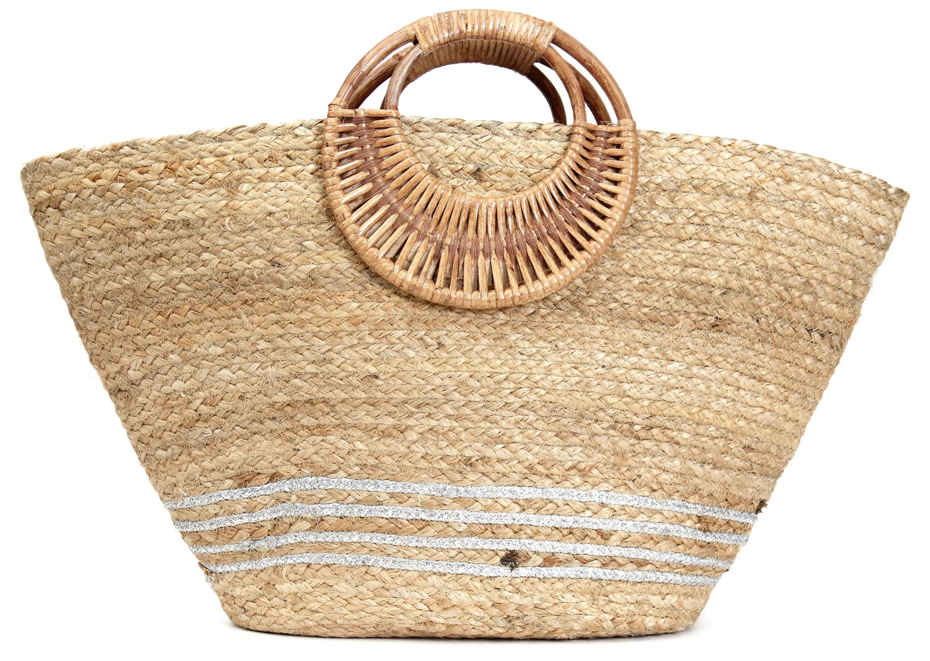 Silver Natural Braided Jute Bag With Wicker Handle