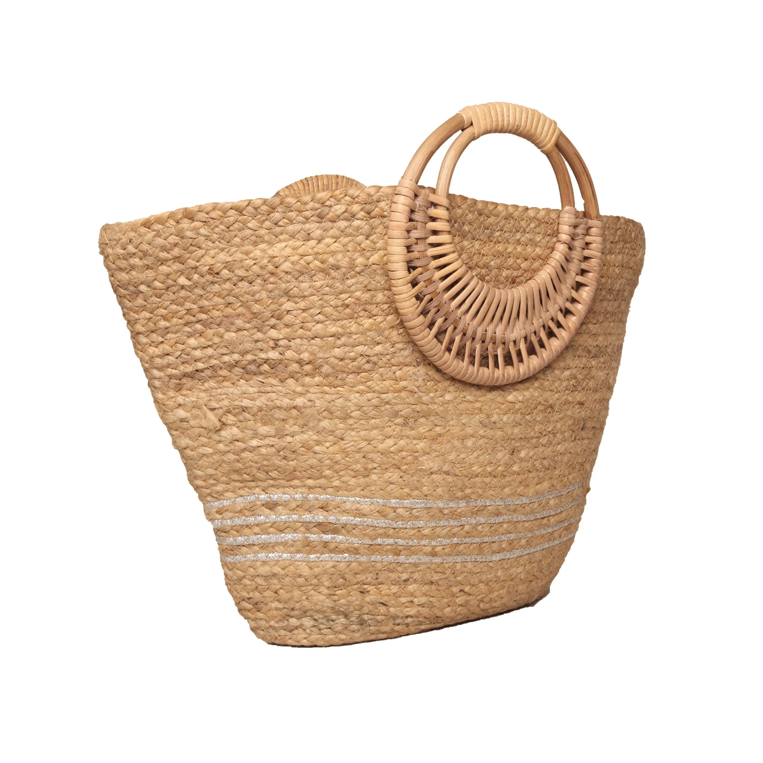 Silver Natural Braided Jute Bag With Wicker Handle