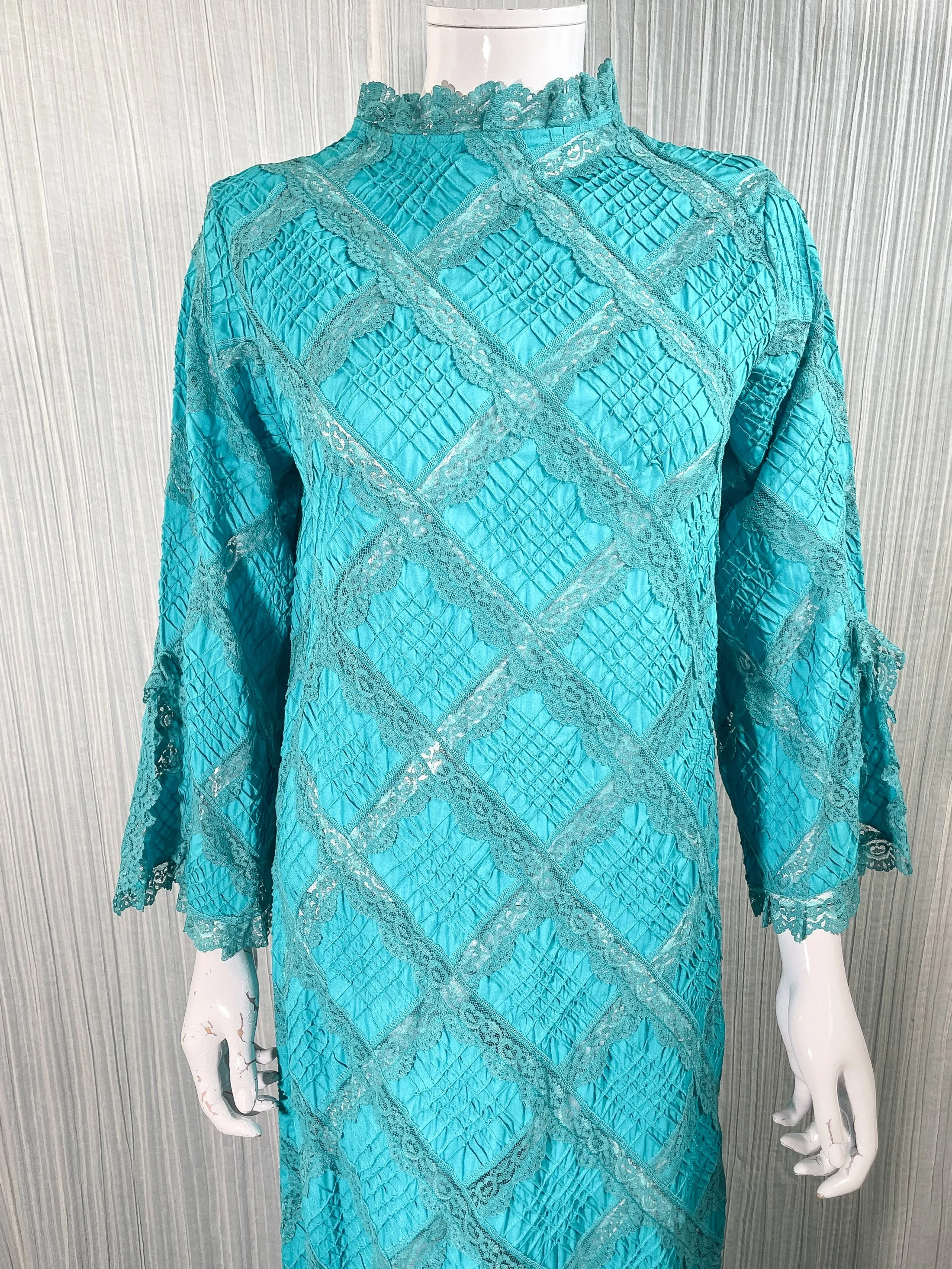 SOLD Vintage Turquoise Mexican Wedding Dress, Bell Sleeve Maxi Dress