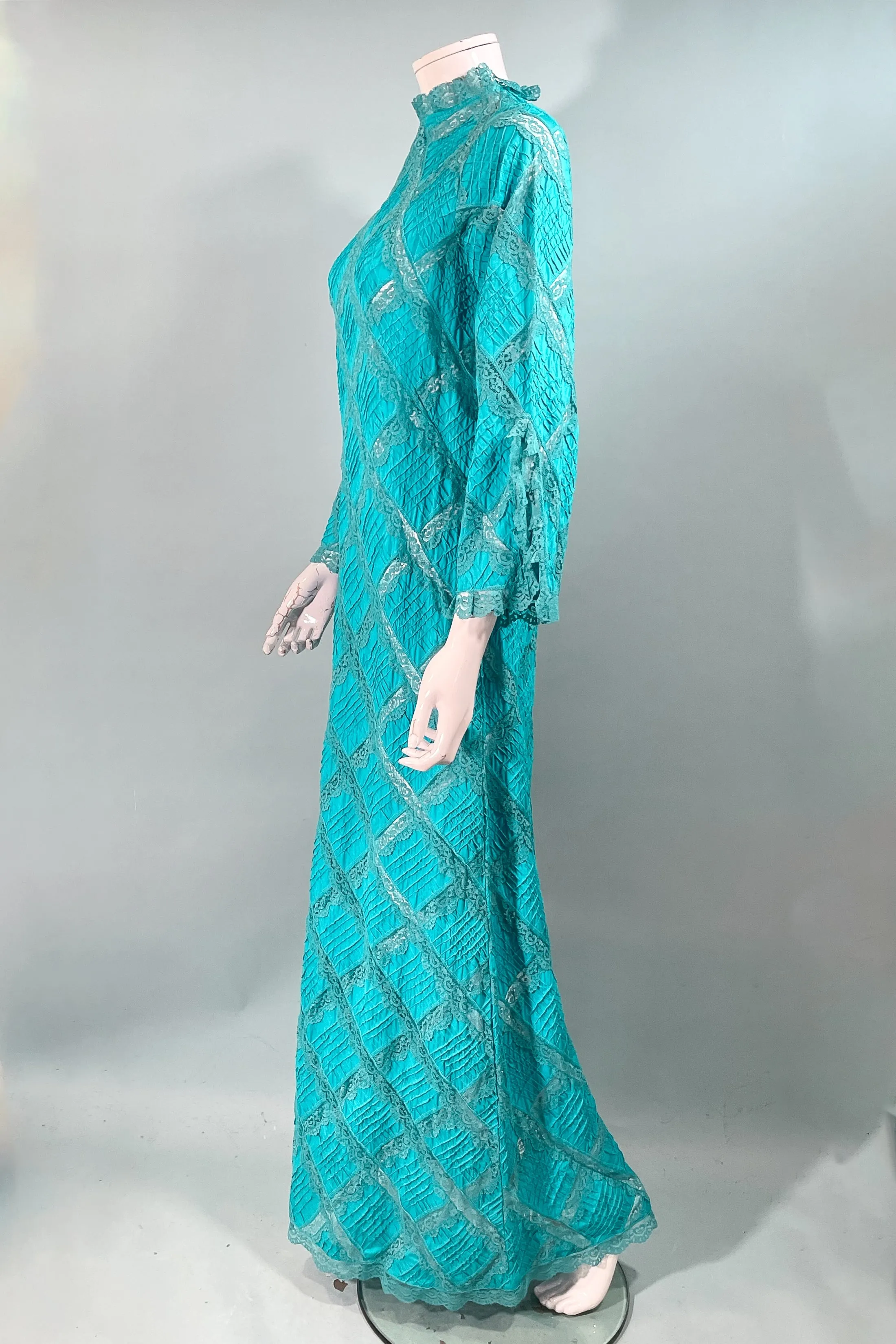 SOLD Vintage Turquoise Mexican Wedding Dress, Bell Sleeve Maxi Dress