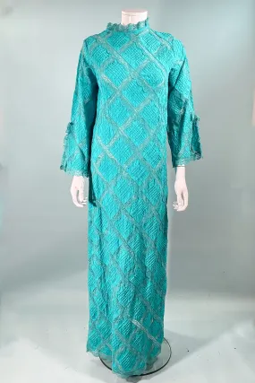 SOLD Vintage Turquoise Mexican Wedding Dress, Bell Sleeve Maxi Dress