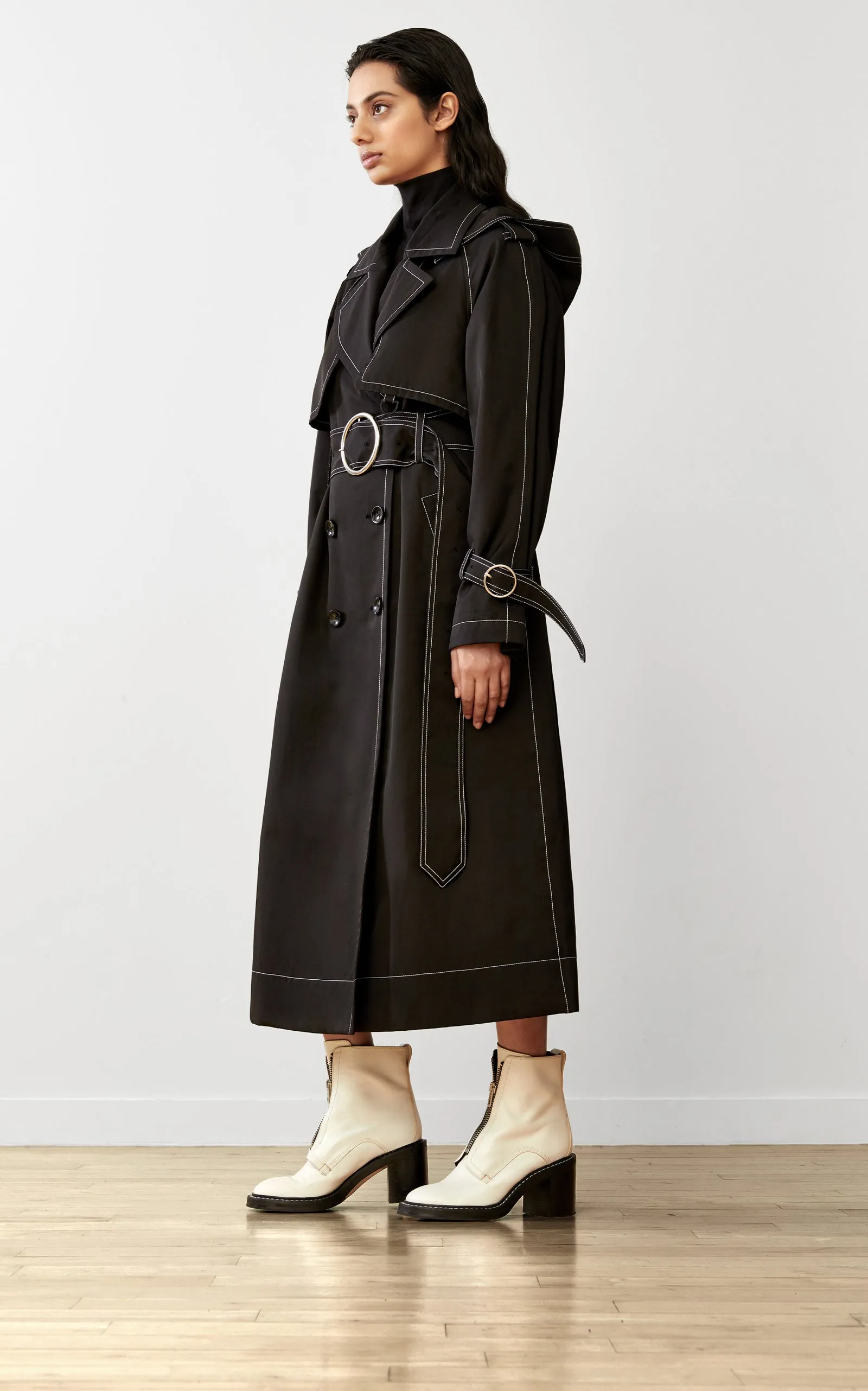 SUSTAINABLE CONTRAST STITCH BLACK TRENCH COAT