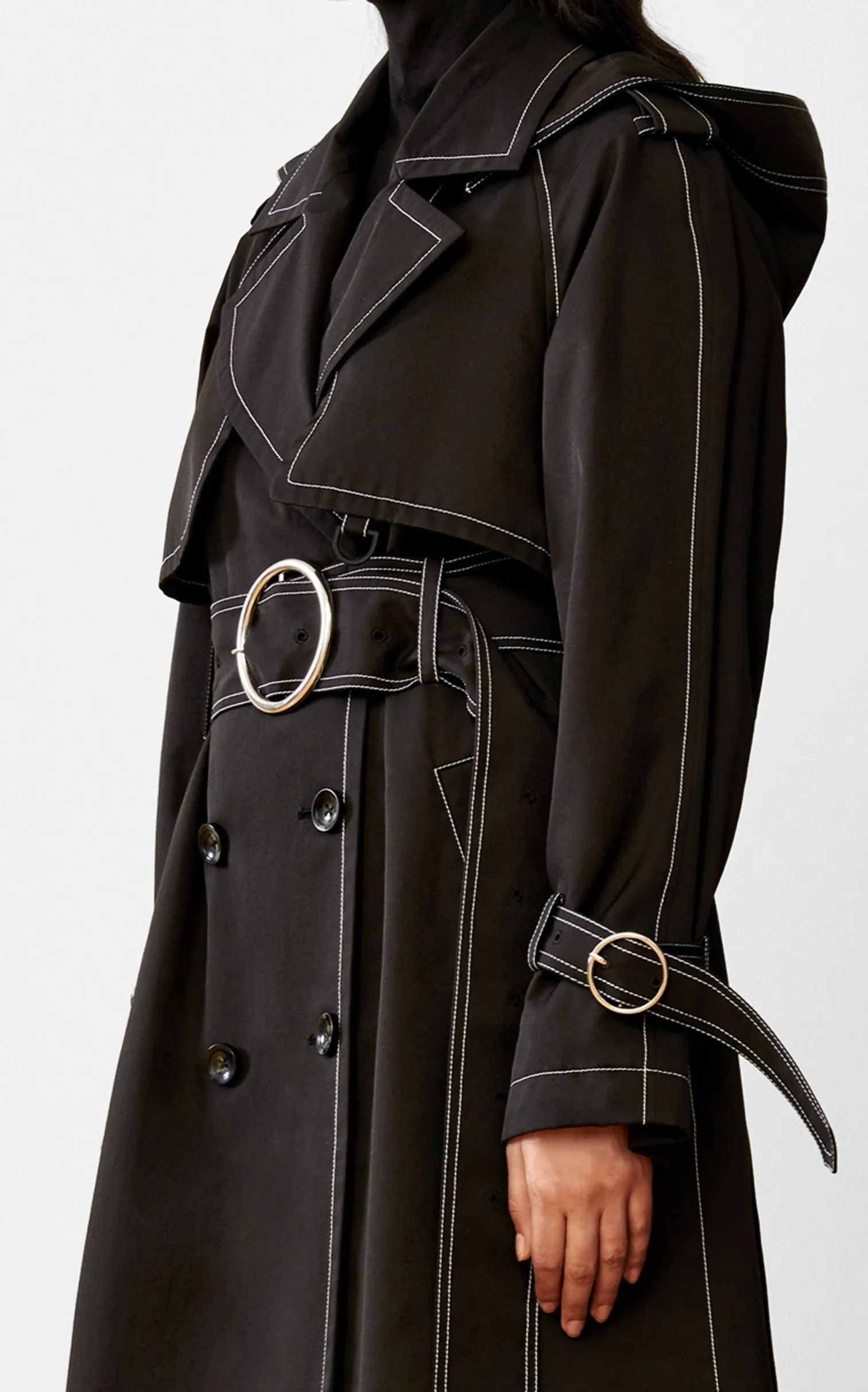 SUSTAINABLE CONTRAST STITCH BLACK TRENCH COAT