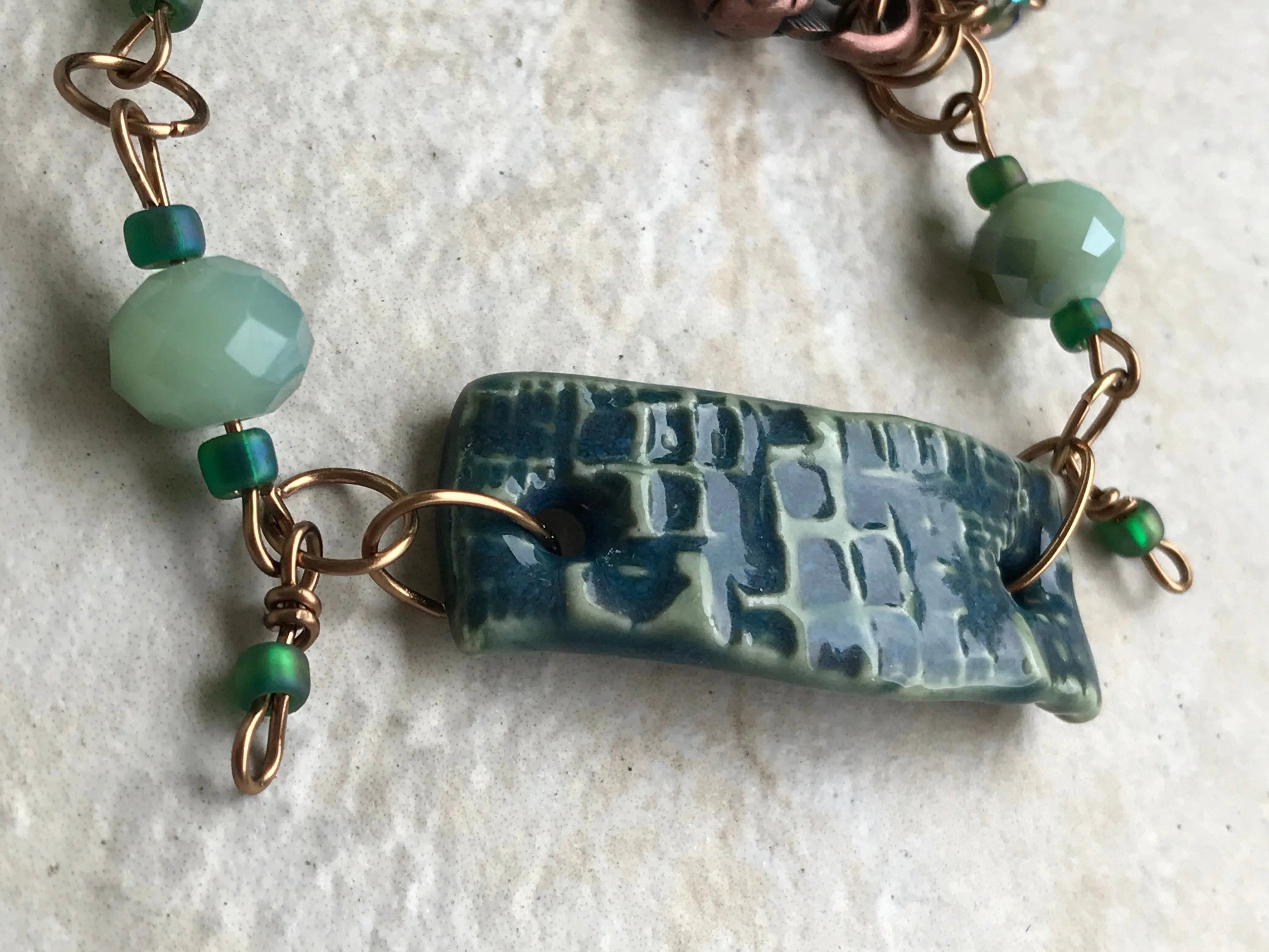 Twilight Turquoise Beaded Bracelet with Celadon Accents and Fish Clasp