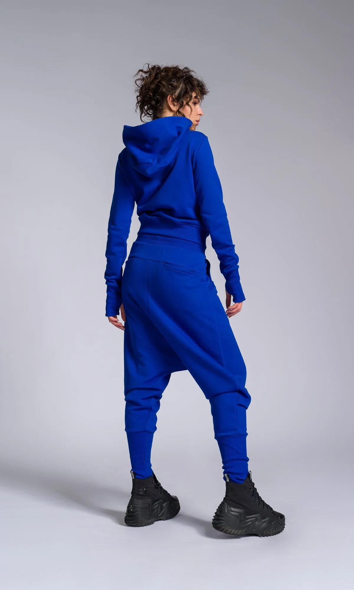 Two-piece Set of Deep Drop Crotch Pants and Asymmetric Short Hoodie